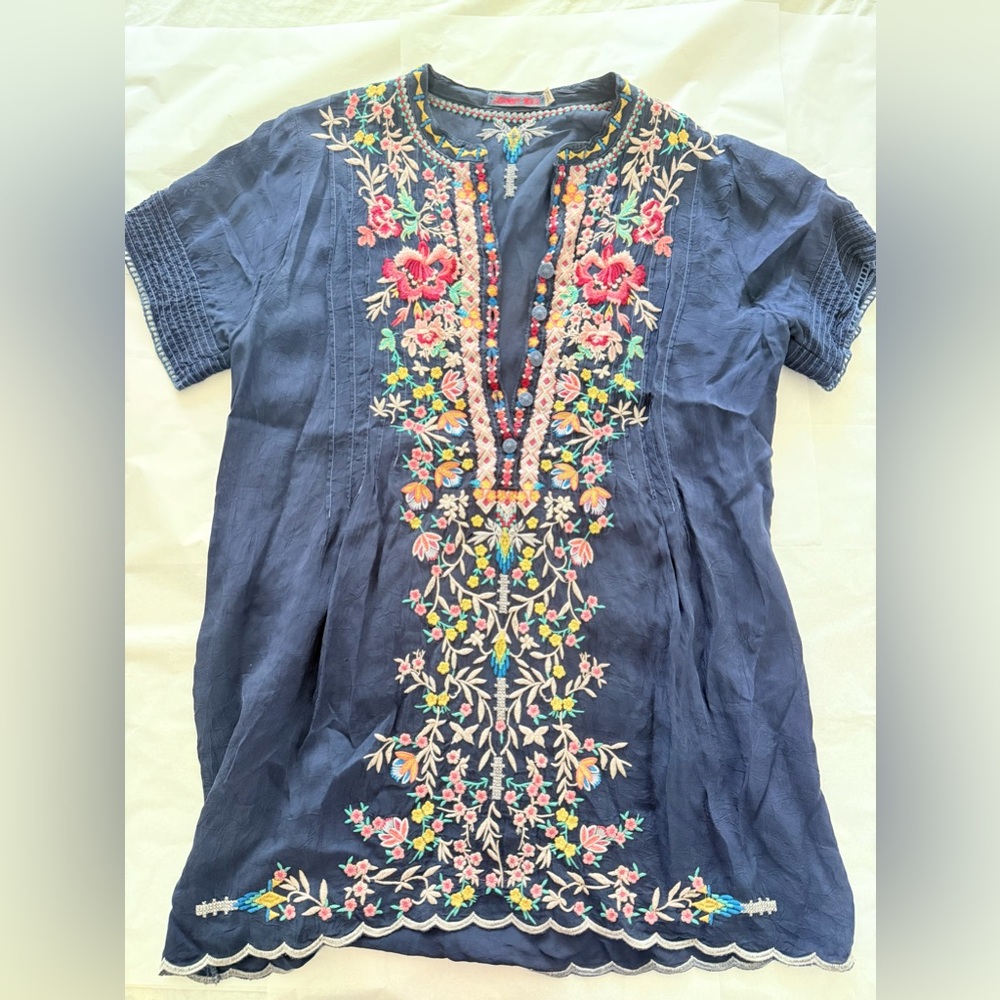 Johnny Was Embroidered Navy Tunic Top